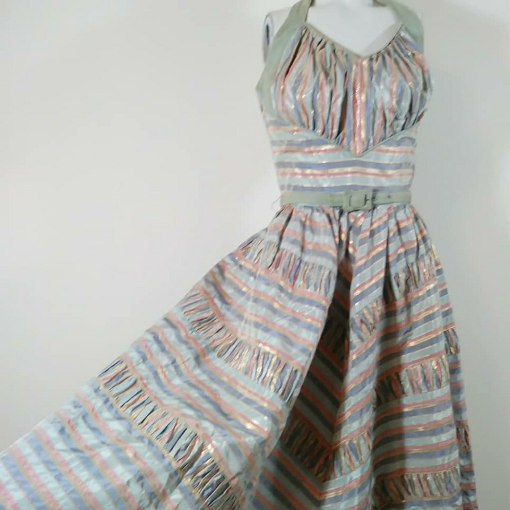 Rare 50s Designer DARYL Striped Cotton Candy Carnival halter Pinup dress